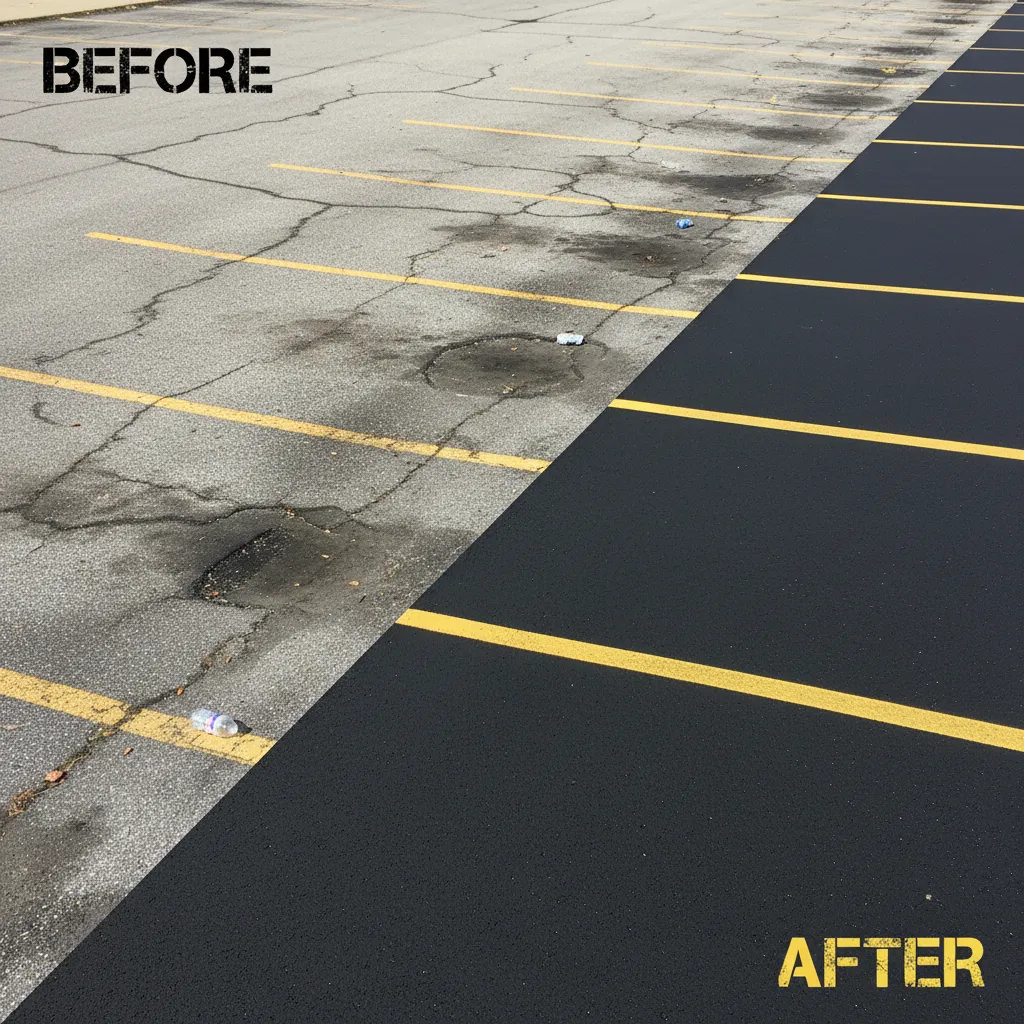 Before and after of a residential driveway sealcoating restoration